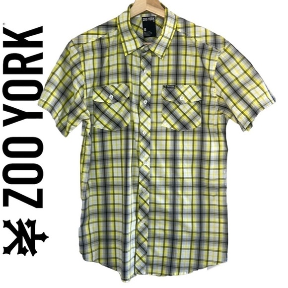 Zoo York Yellow/White Plaid Casual Button Up Short Sleeve Shirt Size M - Picture 1 of 12